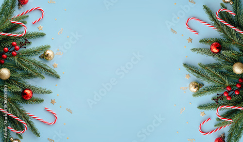Christmas frame of fir branches and baubles on blue background, top view