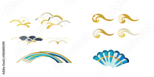 Japanese inspired decorative elements waves curls rainbow and fan on black