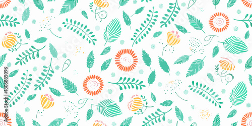 Hand drawn floral pattern with leaves and flowers on white background