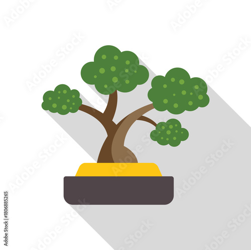 Small bonsai tree growing in a pot, miniature tree for decoration, flat design with long shadow
