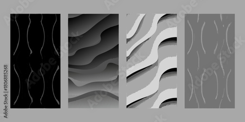Abstract monochrome backgrounds with curvy lines and shapes in gray tones