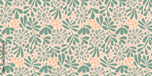 Seamless pattern with flowers leaves and dots on a light pink background