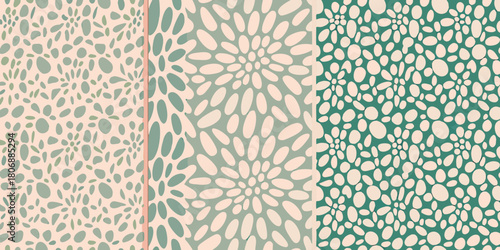 Three seamless patterns with abstract floral and geometric shapes in muted colors
