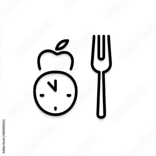  Line art of apple clock and fork in minimalist style, black and white, intermittent fasting or lunch time concept
