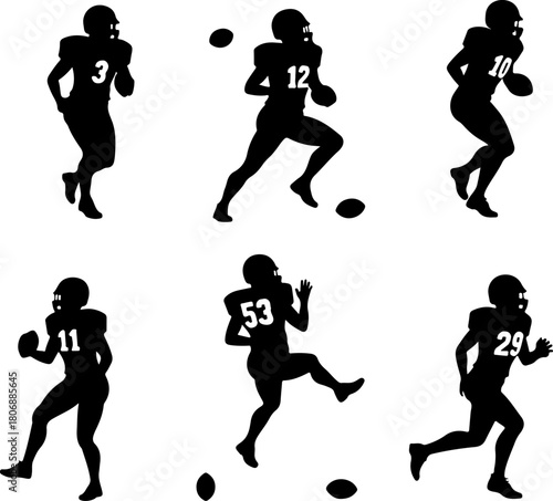 American Football Player Running Silhouette Set
