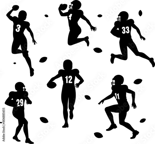 American Football Player Running Silhouette Set