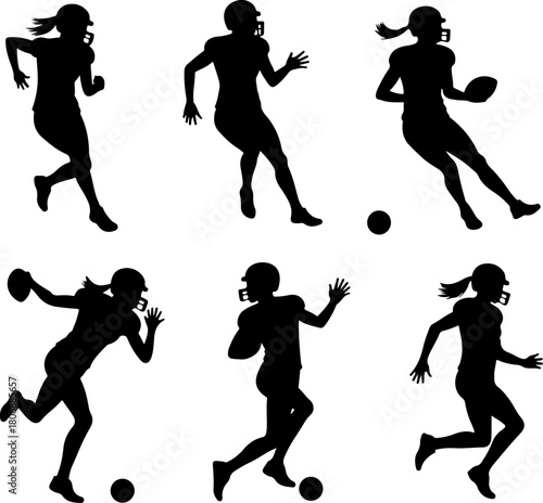 American Football Player Running Silhouette Set