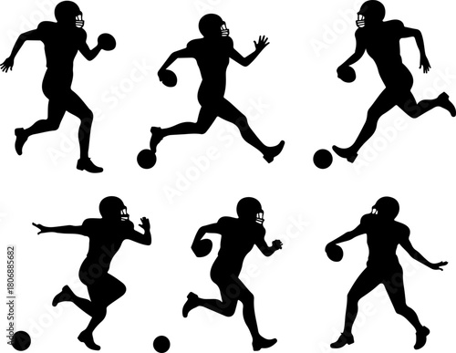 American Football Player Running Silhouette Set