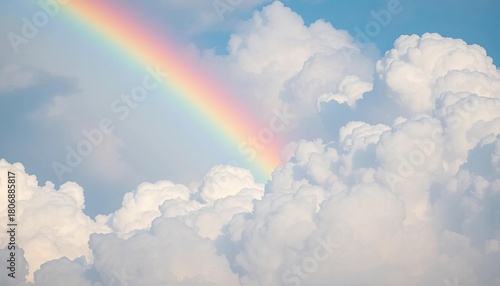 Vibrant rainbow arcing across fluffy white clouds, scenic, optimism