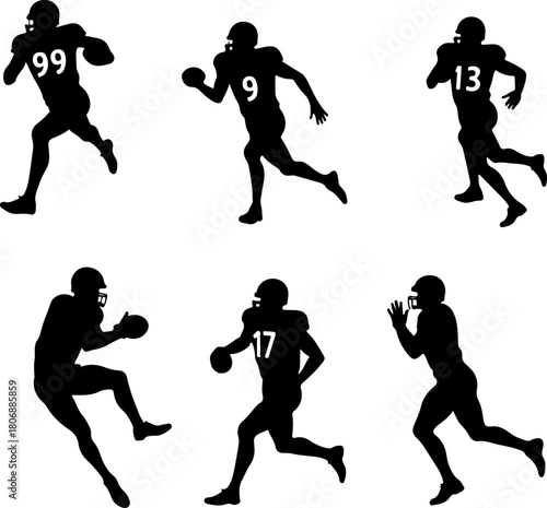 American Football Player Running Silhouette Set