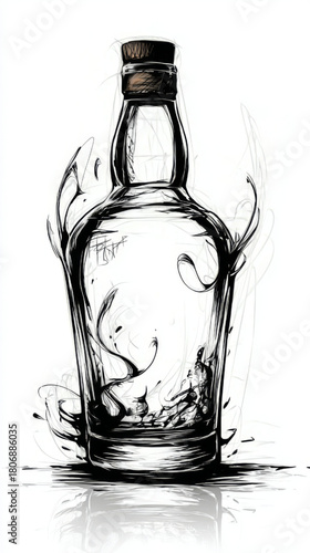  Expressive sketch of glass bottle in scribble style, black and white, artistic draft or messy concept