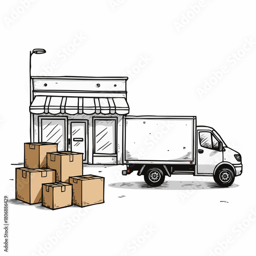Stacked cardboard boxes beside delivery truck outside store in doodle style  