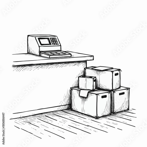 Stacked cardboard boxes on floor near cash register counter in sketchy doodle style  