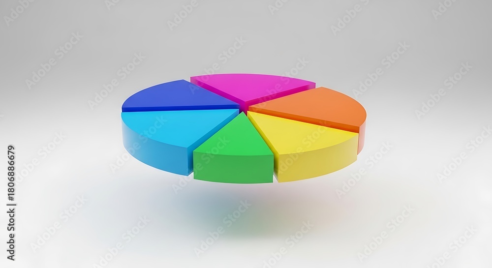Fototapeta premium A colorful pie chart with six slices, each a different color, including blue, green, yellow, orange, pink, and light blue isolated on white background the chart is floating