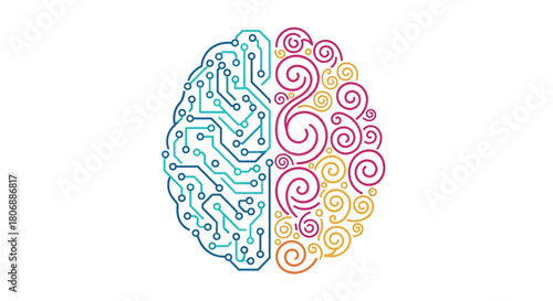 A split brain illustration showing technology and creativity in equal measure