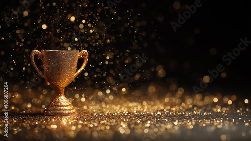 A premium black and gold award banner with a glittering golden trophy cup surrounded by sparkling dust and shimmering particles. Luxurious design for ceremony events, announcements, promotions.
