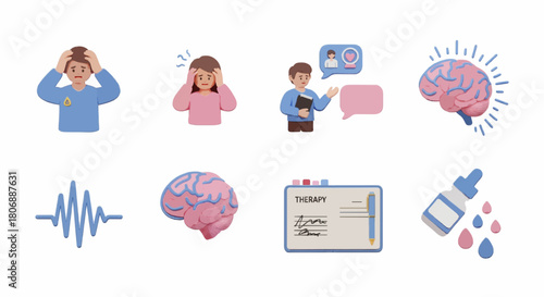 3D mental health icon set, anxiety disorder illustration