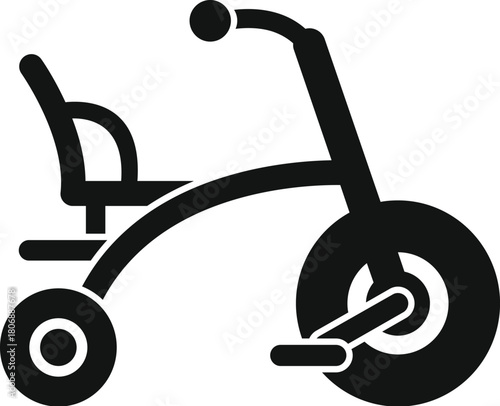 Children's tricycle silhouette with big front wheel and small back wheels, pedals and handlebar, isolated on white background