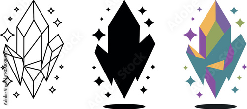 Set of Crystal Icons in Line Black and Colorful Styles Modern Geometric Design