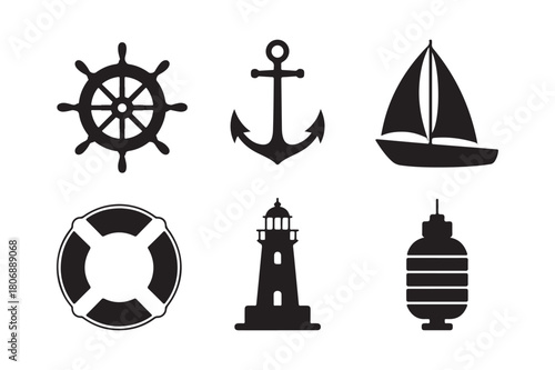 Nautical icons set featuring ship wheel anchor sailboat lighthouse and lifebuoy