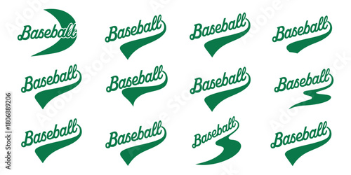Baseball swoosh font vector set, underline curve swash text tails, vintage brush wave and swirl ornaments, curly alphabet letters, varsity stroke decorations, typography graphic design elements