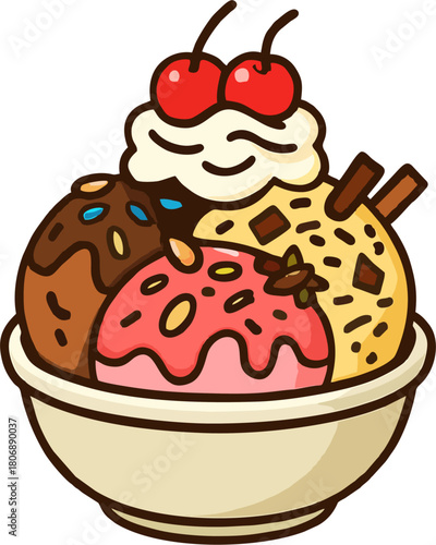 Cartoon Ice Cream Sundae Vector with Cherries, Whipped Cream, Sprinkles and Chocolate in Bowl