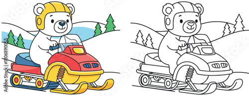 Coloring book page vector illustration of a cute cartoon polar bear riding a snowmobile in a winter landscape with pine trees for kids activity.