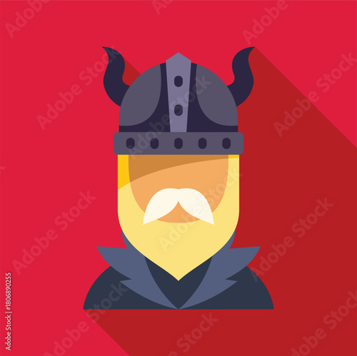 Portrait of a viking warrior with horned helmet and blond beard, looking forward, on red background