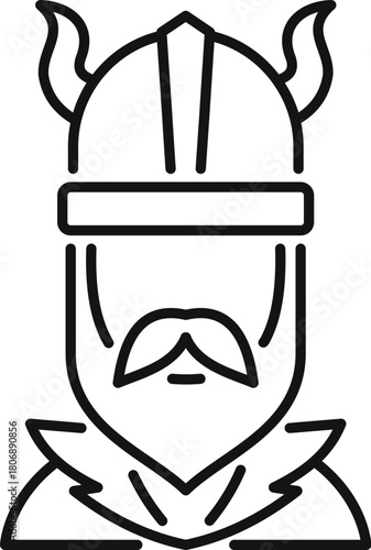 Line art illustration of a viking warrior wearing a horned helmet and sporting a thick beard