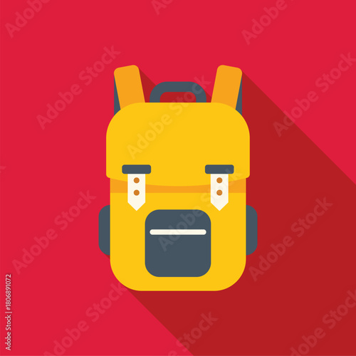 Stylish yellow backpack featuring buckles and straps, ideal for travel, hiking, or everyday use, set against a vibrant red backdrop