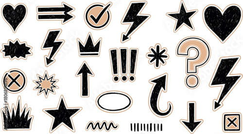 Diverse hand-drawn sketchy graphic icon collection featuring symbols like hearts, stars, arrows, and lightning bolts, perfect for adding unique visual concepts to any creative design project