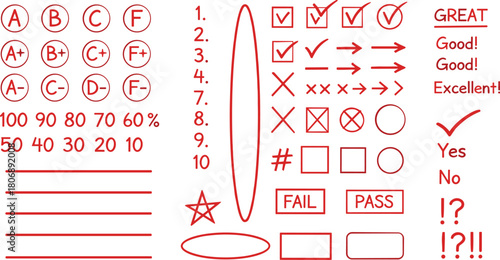 Collection of academic grading symbols, including letter grades, percentages, checkmarks, crosses, and other assessment icons