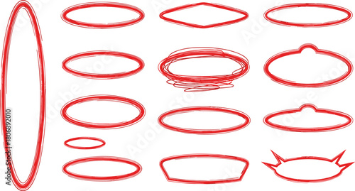 Collection of hand-drawn red oval and irregular shapes, perfect for highlighting text and design elements