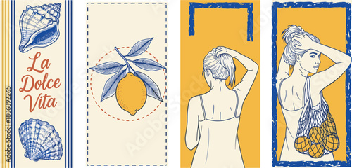 La Dolce Vita" Italian Lifestyle & Summer Vibes with Seashells, Lemons, and a Woman Holding Oranges in a Net Bag