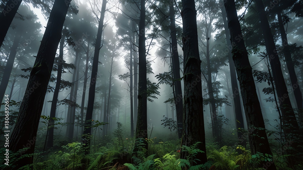 Obraz premium Misty forest canopy, tall trees, lush green undergrowth, atmospheric and serene nature scene.