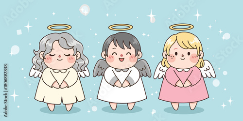 Cute angels, cartoon characters, spiritual theme, halo and wings, pastel background, smiling faces, kids design, peaceful vibe, flat vector illustration