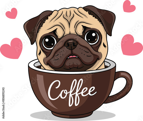 Cute pug, coffee cup, cartoon dog, heart background, playful vibe, expressive eyes, cozy theme, pet lover design, flat vector illustration