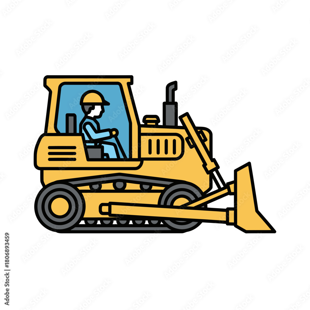 Naklejka premium Illustration of a yellow bulldozer with a worker inside the cabin.