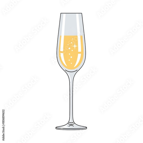 A classic tall flute glass filled with sparkling golden champagne.