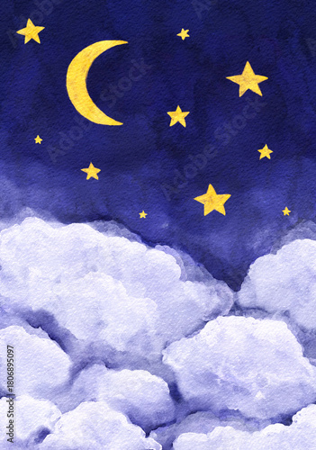 Watercolor sky illustration of moon, stars, and clouds at night.