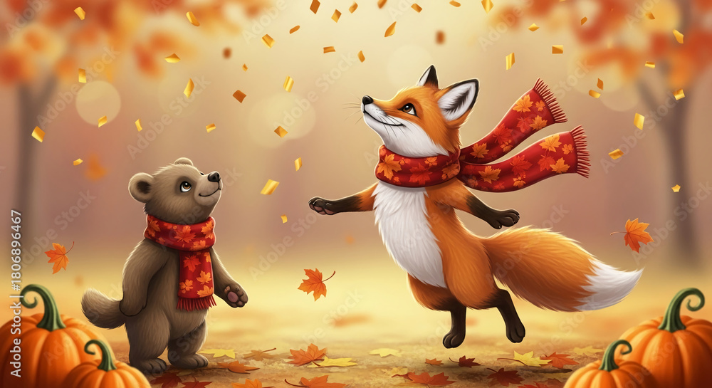 Obraz premium Cartoon fox and bear with scarf in falling leaf scene, symbolizing autumn, friendship, and seasonal transition, evoking cheerfulness and outdoor feeling
