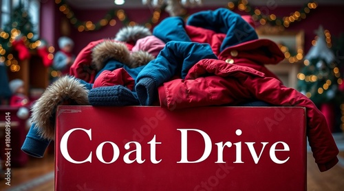 Colorful winter coats piled in donation box for coat drive  