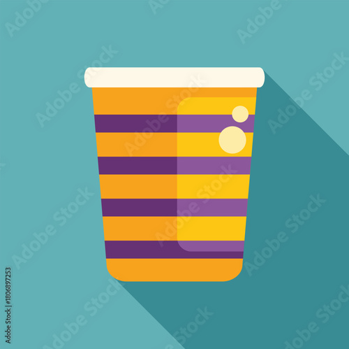 Refreshing soda in a disposable paper cup with yellow and purple stripes, ideal for enjoying a cool beverage