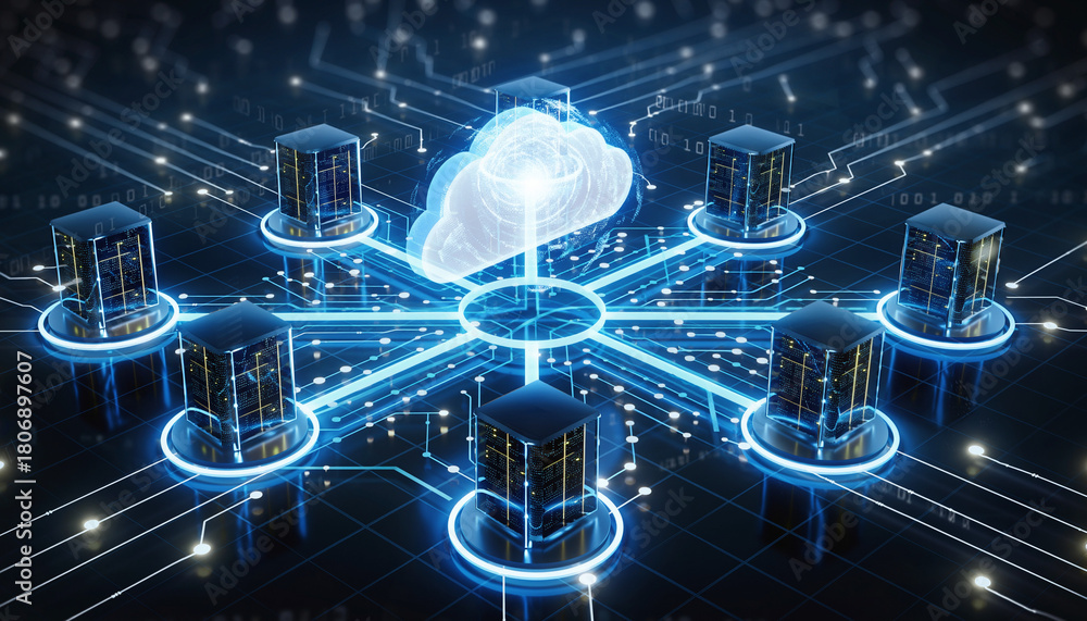 Naklejka premium Digital cloud network connecting multiple glowing servers representing modern data center and cloud computing infrastructure