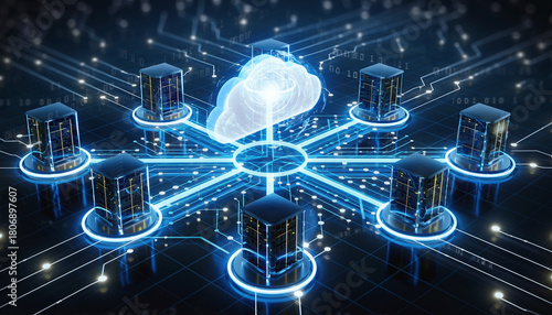 Digital cloud network connecting multiple glowing servers representing modern data center and cloud computing infrastructure
