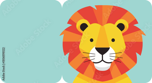 Cartoon lion illustration with a bright yellow face and orange mane looking forward.