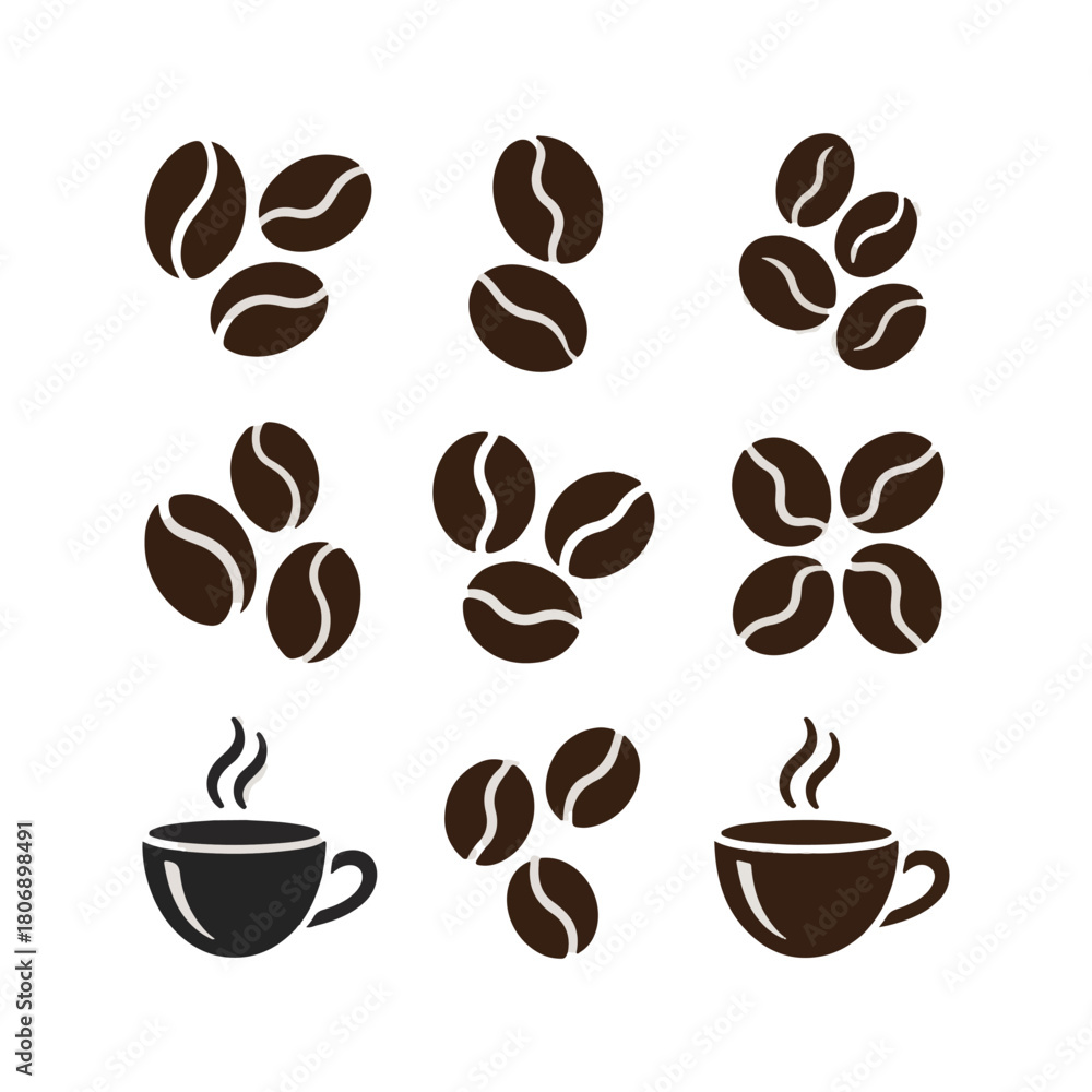 Obraz premium Nine coffee beans and two steaming cups of coffee icons vector