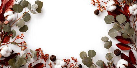 Autumn floral arrangement with eucalyptus and cotton on white background