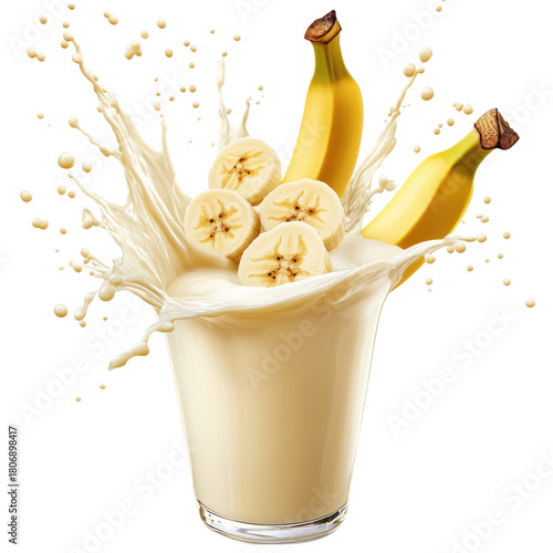 Banana smoothie splash on transparent background