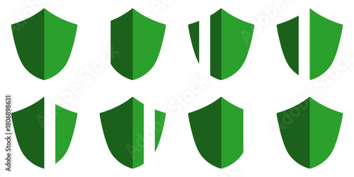 8-Frame Sprite Sheet of Glowing Shiny Green Shield Defence Icon Set for Game or App Animation. Vector Image.